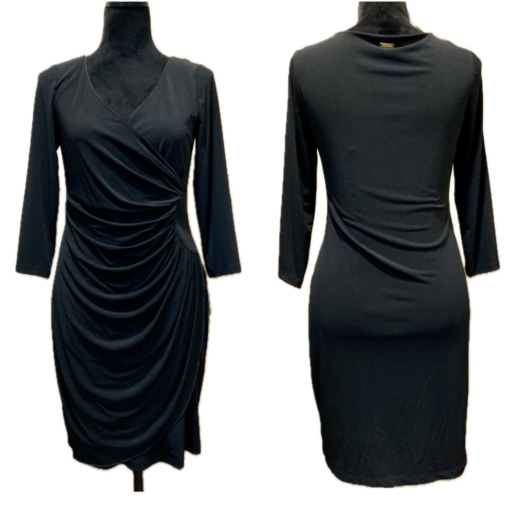 NOS Black Faux Wrap Dress Size Small Thalia Sodi 3/4 Length Sleeves V Neck